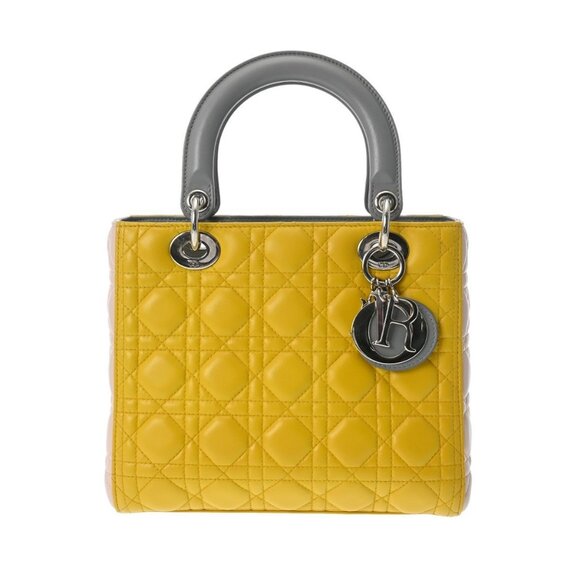 CHRISTIAN DIOR LADY DIOR Medium Bag 2WAY Yellow/Gray/Pink - Picture 1 of 10